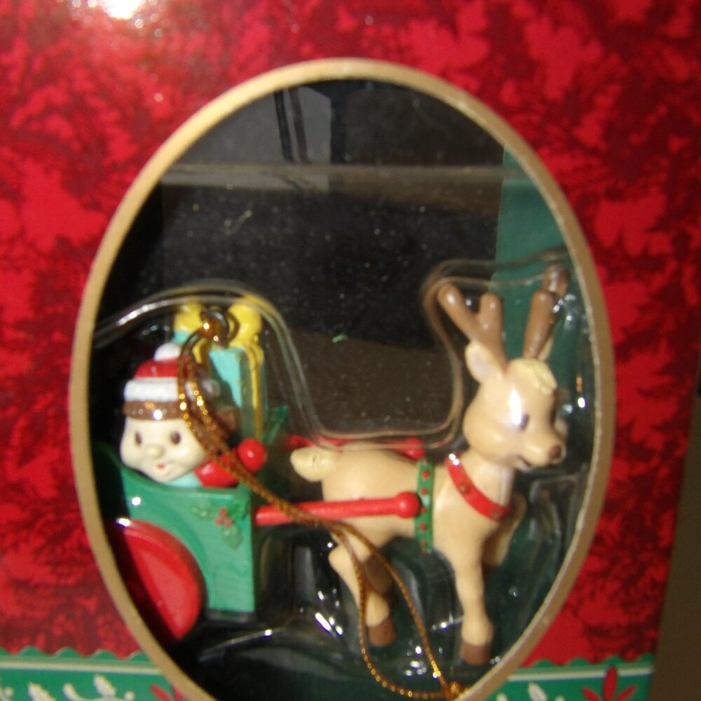 1993 Matrix Industries Child & Presents In Sled Reindeer Christmas Ornament